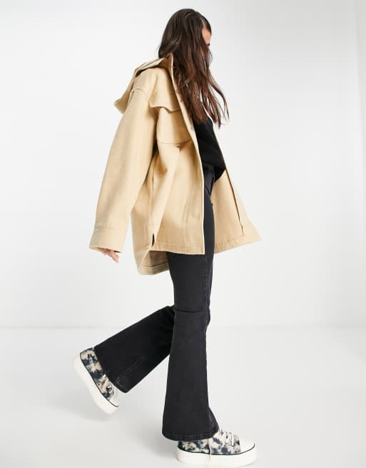 ASOS DESIGN - Geborsteld overshirt met capuchon in camel