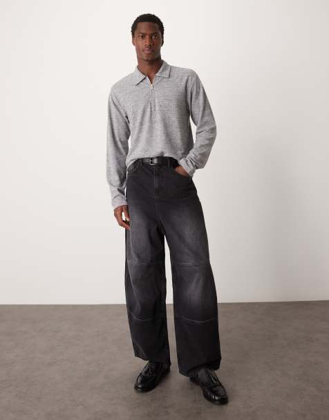 ASOS DESIGN - Geborsteld poloshirt met lange mouwen in gemêleerd grijs - view 1