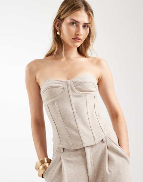 ASOS DESIGN - Geborstelde bandeau-korsettop met visgraatmotief in crème, deel van co-ord set - view 1