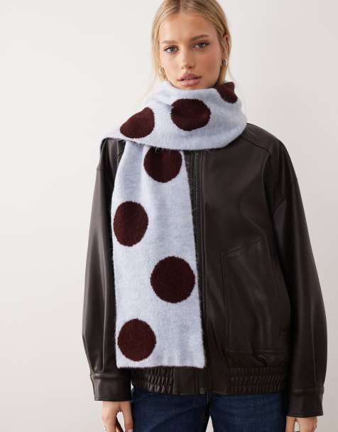 ASOS DESIGN - Geborstelde gebreide skinny sjaal in bordeauxrood en lichtblauw met stippen - view 1