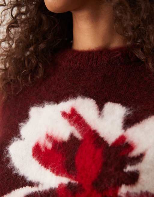 ASOS DESIGN - Geborstelde gebreide trui met bloemmotief in bordeauxrood, 2 van 4