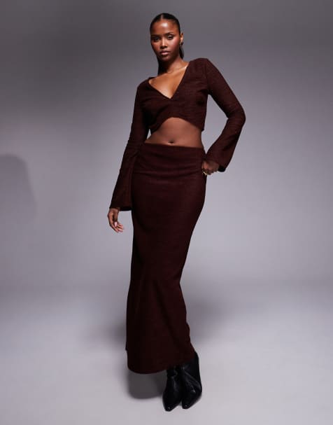 ASOS DESIGN - Geborstelde geribbelde koker maxirok in bruin - view 1