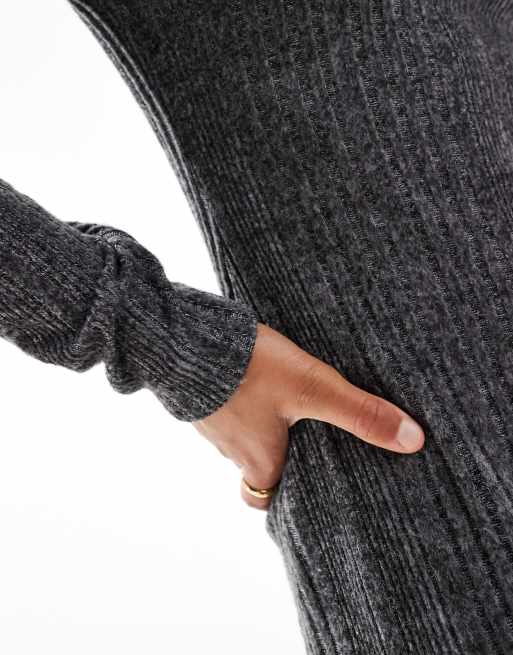 ASOS DESIGN - Geborstelde geribbelde midi jurk met lange mouwen in antraciet, 2 van 4