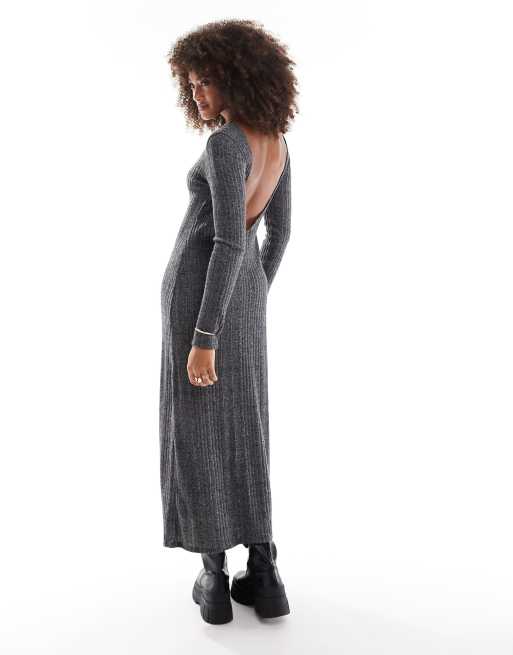 ASOS DESIGN - Geborstelde geribbelde midi jurk met lange mouwen in antraciet, 4 van 4