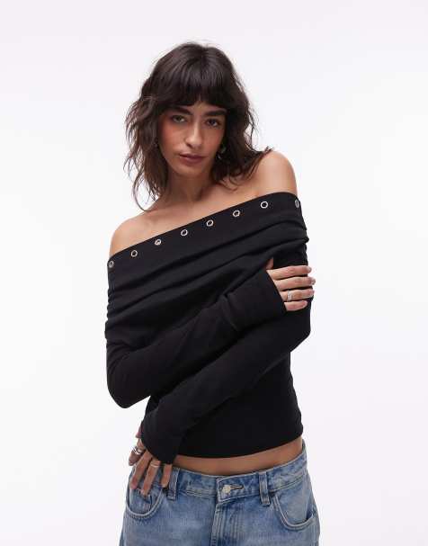 ASOS DESIGN - Geborstelde geribbelde top met blote schouders, lange mouwen en oogjes in zwart - view 1