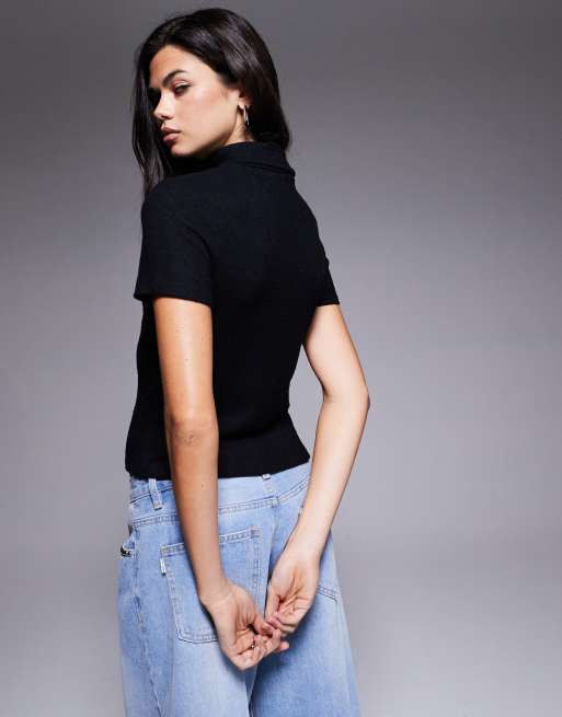 ASOS DESIGN - Geborstelde geribbelde top met korte mouwen en col in zwart, 3 van 4