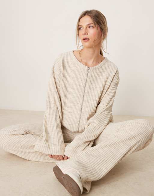 ASOS DESIGN - Geborstelde geribbelde top met ronde hals en ritssluiting in ecru, deel van co-ord set