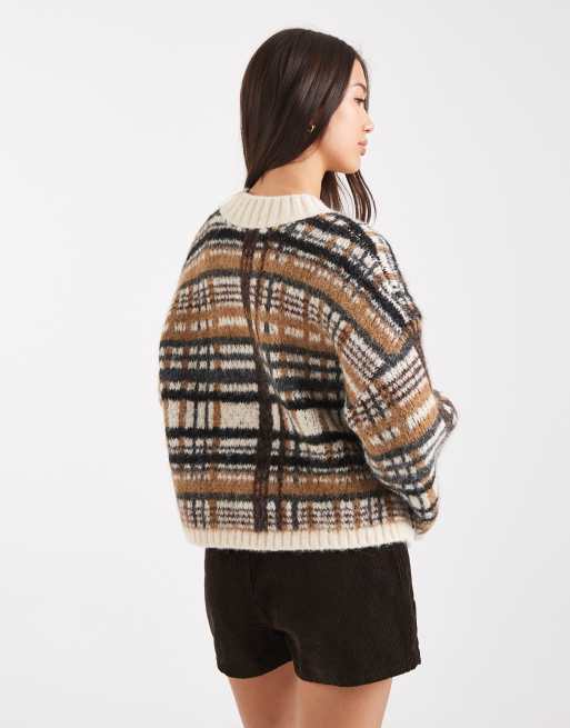 ASOS DESIGN - Geborstelde geruite trui met hoogsluitende V-hals in mokka, 3 van 4