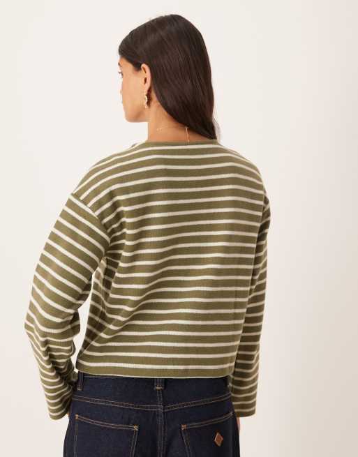 ASOS DESIGN - Geborstelde gestreepte top met lange mouwen in olijfgroen, 4 van 4