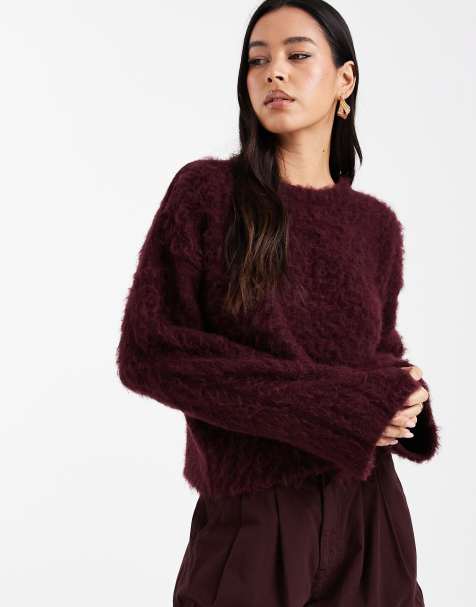 ASOS DESIGN - Geborstelde oversized gebreide trui met wol in pruimrood - view 1