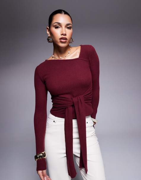 ASOS DESIGN - Geborstelde top met asymmetrische hals, lange mouwen en strikdetail in bordeauxrood - view 1