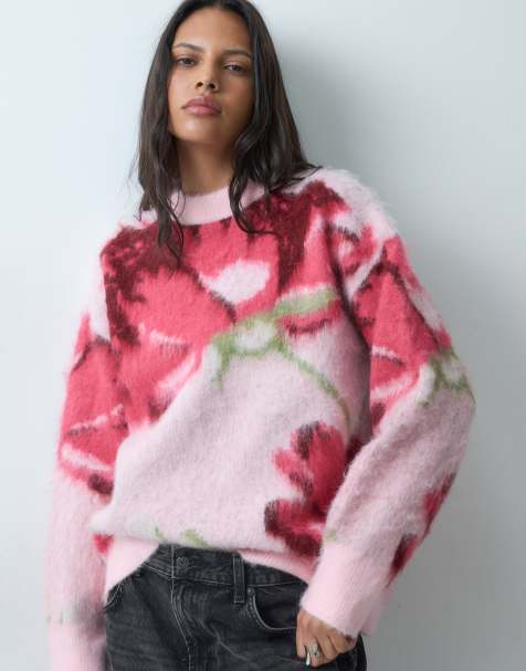 ASOS DESIGN geborstelde trui met bloemenprint en ronde hals in roze - view 1