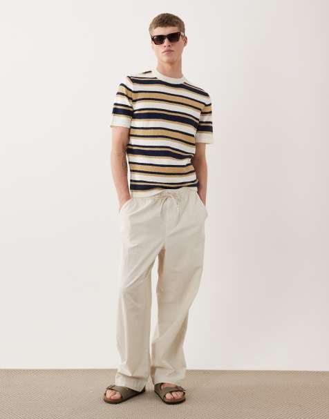 ASOS DESIGN - Gebreid gestreept bouclé T-shirt met korte mouwen in marineblauw en ecru - view 1