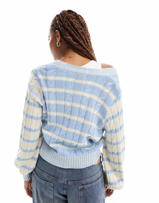 ASOS DESIGN - Gebreid gestreept kabelvest in blauw en crème, 2 van 4