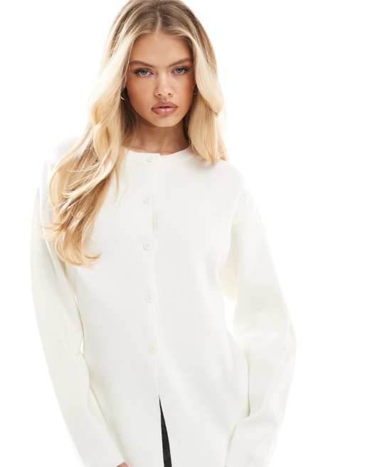 ASOS DESIGN - Gebreid gestructureerd vest met ronde hals en lange pasvorm in crème
