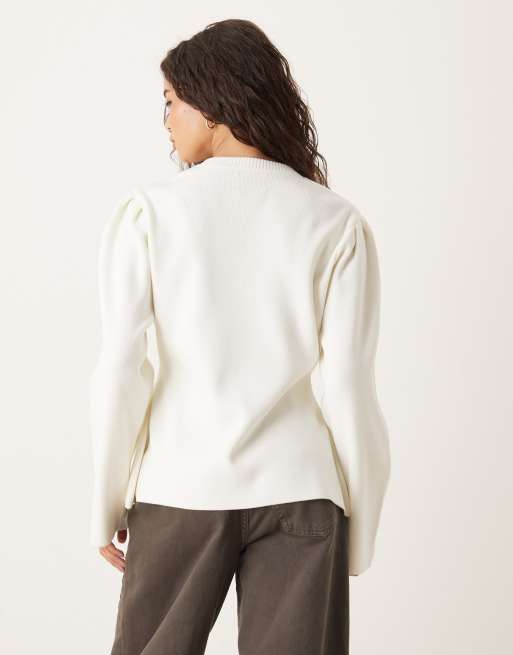 ASOS DESIGN - Gebreid getailleerd vest met structuur en pofmouwen in crème, 3 van 4