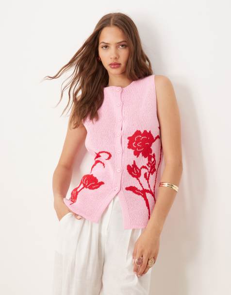 ASOS DESIGN - Gebreid gilet met structuur en bloemen in roze - view 1