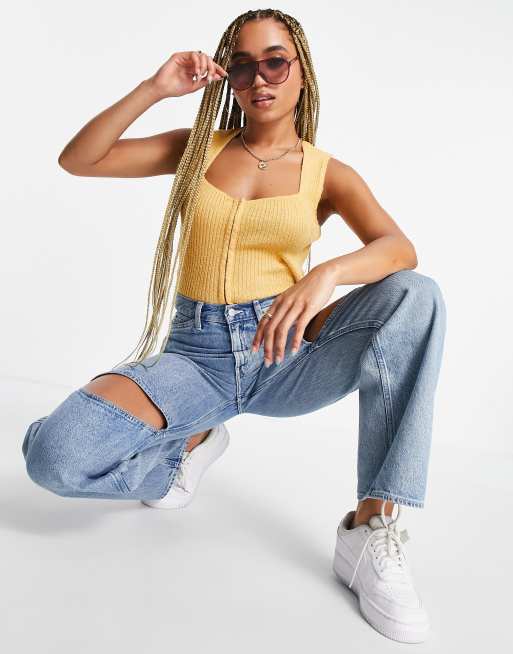 ASOS DESIGN - Gebreid hemdje met rits aan de voorkant in oranje