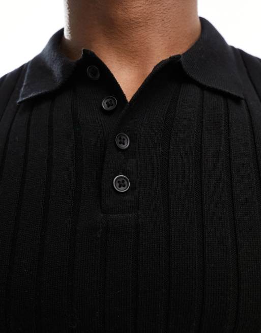 ASOS DESIGN - Gebreid muscle-fit geribbeld poloshirt in zwart, 3 van 4