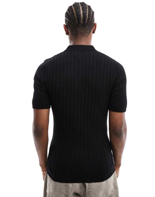 ASOS DESIGN - Gebreid muscle-fit geribbeld poloshirt in zwart, 4 van 4