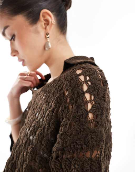 ASOS DESIGN - Gebreid overhemd met kraagje en mooie steek in chocoladebruin, 2 van 4