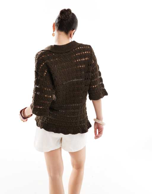 ASOS DESIGN - Gebreid overhemd met kraagje en mooie steek in chocoladebruin, 4 van 4