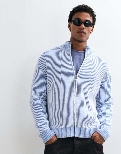 ASOS DESIGN gebreid oversized met rits en geribde opstaande kraag in lichtblauw - view 1