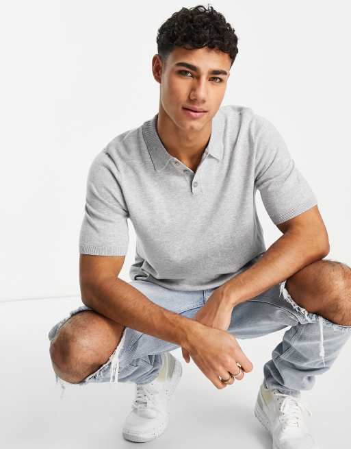 ASOS DESIGN - Gebreid poloshirt in gemêleerd grijs