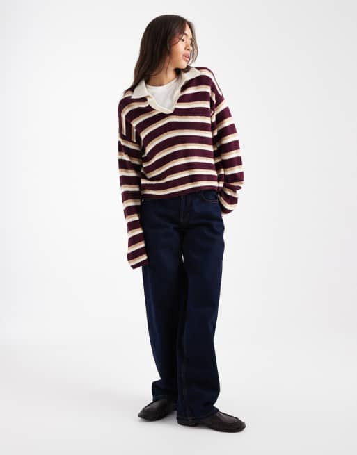 ASOS Design - Gebreid poloshirt met strepen in wijnrood, 2 van 4