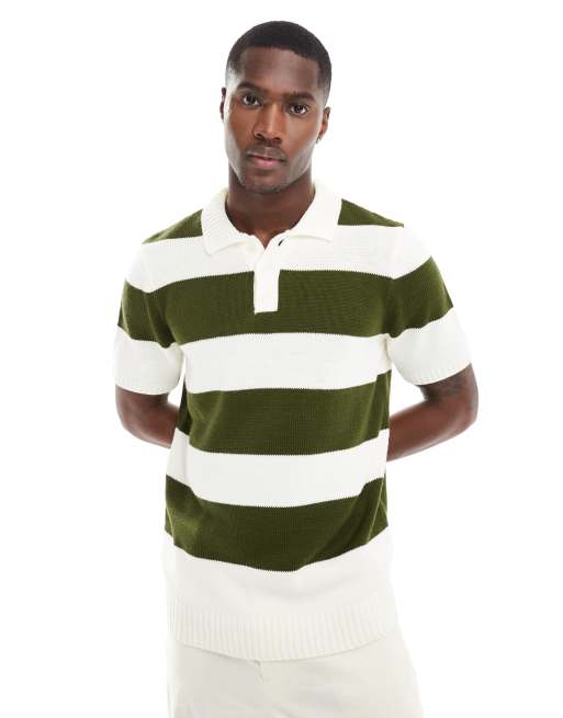 ASOS DESIGN - Gebreid rugbyshirt met korte mouwen in kaki strepen