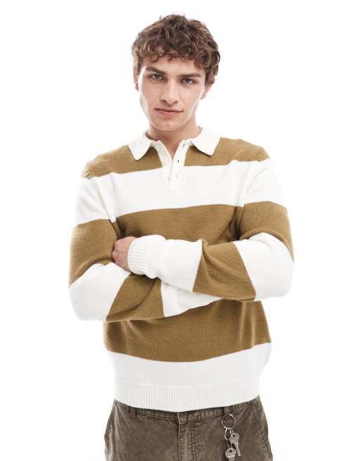 ASOS DESIGN - Gebreid rugbyshirt met strepen in ecru en kaki