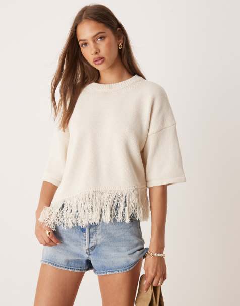 ASOS DESIGN - Gebreid T-shirt met asymmetrische zoom met franjes in crème - view 1