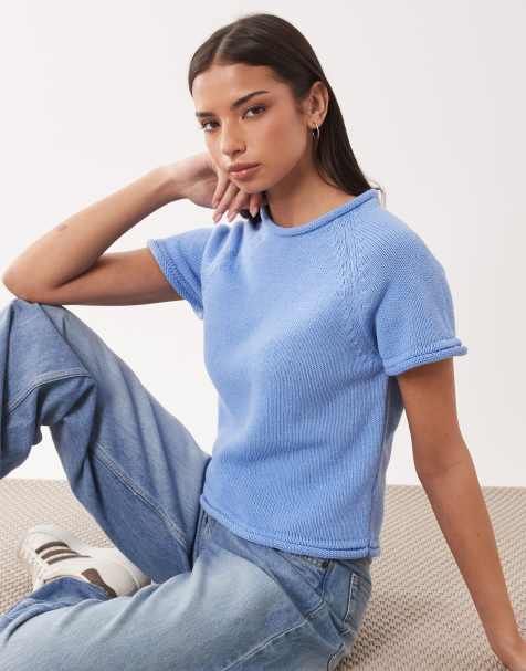 ASOS DESIGN - Gebreid T-shirt met boothals in lichtblauw - view 1