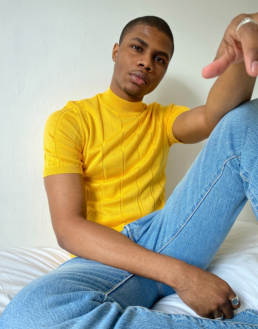 ASOS DESIGN - Gebreid T-shirt met brede ribbels en col in geel