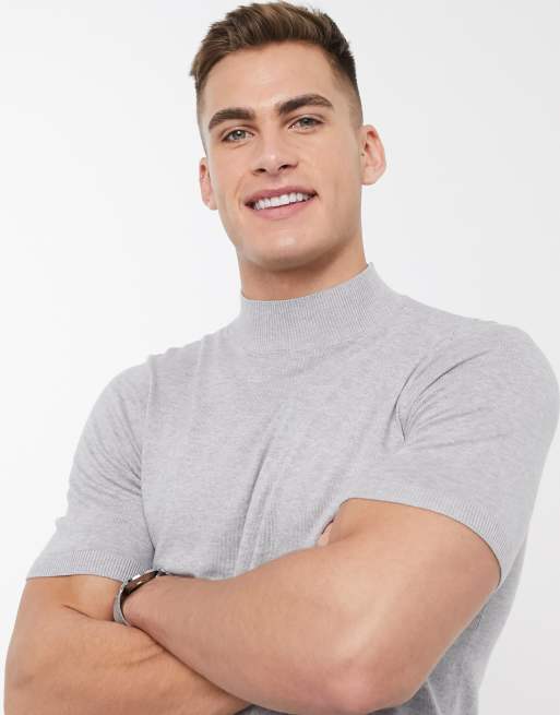 ASOS DESIGN - Gebreid T-shirt met col in lichtgrijs