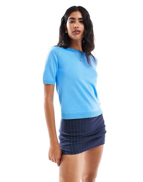 ASOS DESIGN - Gebreid T-shirt met halflange mouwen in blauw - view 1