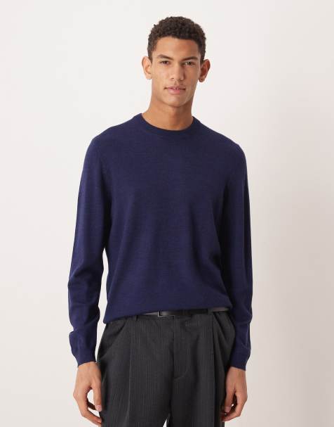 ASOS DESIGN - Gebreid T-shirt met lange mouwen en ronde hals van pure merinowol in marineblauw - view 1