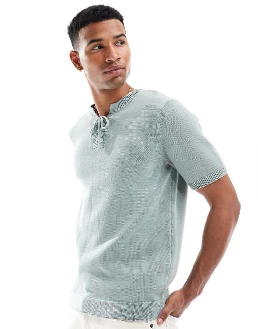 ASOS DESIGN - Gebreid T-shirt met vetersluiting in blauw