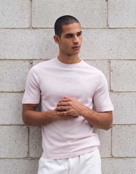 ASOS DESIGN - Gebreid T-shirt van pure merinowol met korte mouwen en ronde hals in gemêleerd lichtroze - view 1