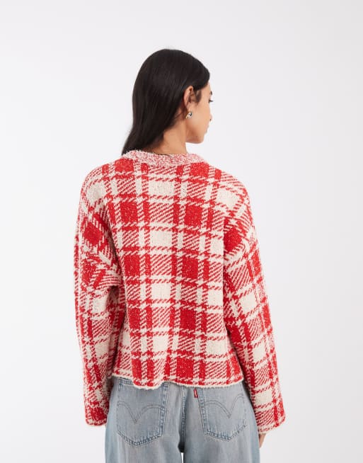 ASOS DESIGN gebreid vest in rood- en ecruruit, 3 van 4