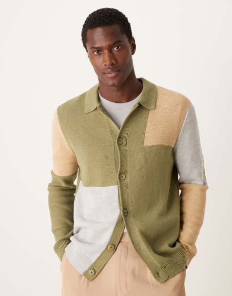 ASOS DESIGN - Gebreid vest met knoopsluiting, kraagje en kleurvlakken in kaki - view 1