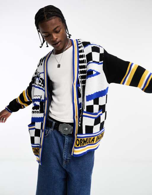 ASOS DESIGN - Gebreid vest met racewagen design in blauw