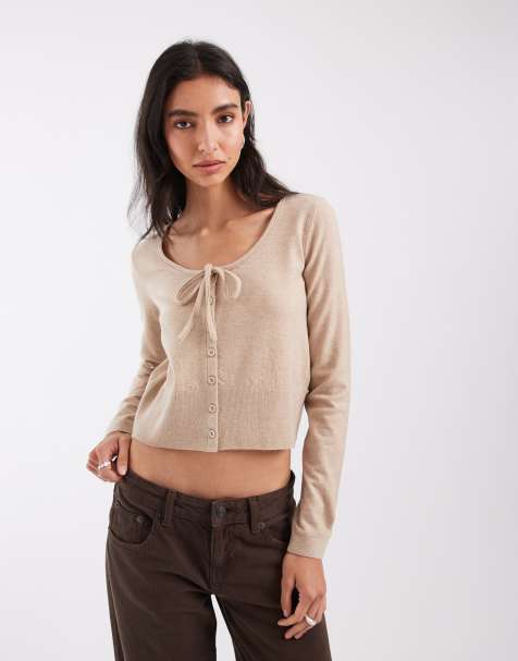 ASOS DESIGN gebreid vest met striksluiting bij de hals in beige - view 1