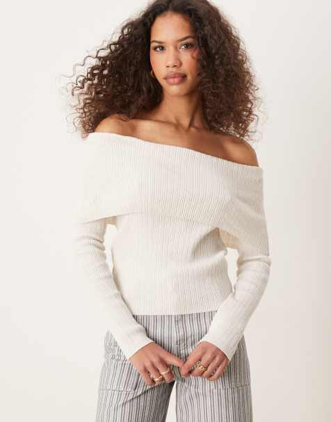 ASOS DESIGN - Gebreide bardot top met linnenlook in crème - view 1