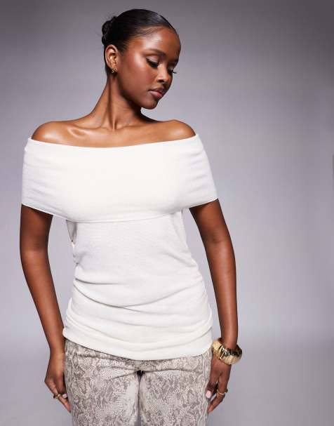 ASOS DESIGN - Gebreide bardottop in ecru - view 1