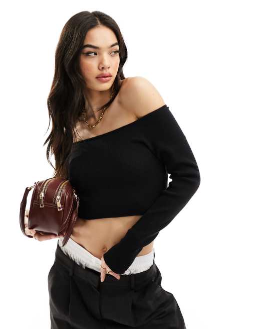 ASOS DESIGN - Gebreide bardottop met blote schouders in zwart