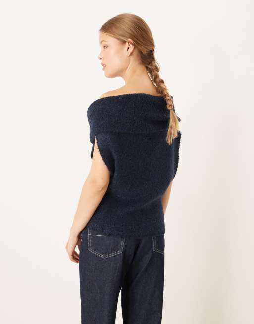 ASOS DESIGN - Gebreide bouclé top met omgeslagen bardothals in marineblauw, 4 van 4
