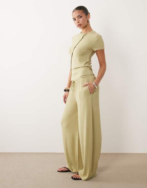 ASOS DESIGN - Gebreide broek met wijde pijpen en textuur in saliegroen, deel van co-ord set - view 1