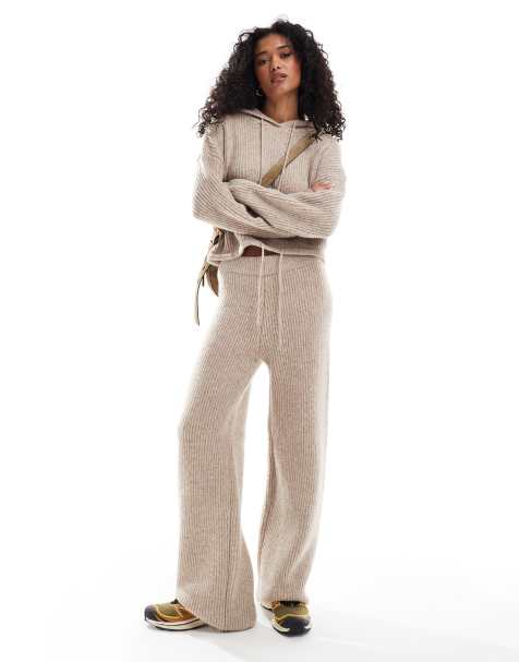 ASOS DESIGN - Gebreide broek met wijde pijpen in stone, deel van co-ord set - view 1