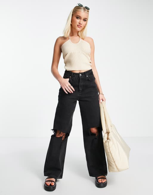 ASOS DESIGN - Gebreide cami met halternek en ribbelmix in camel, 4 van 4